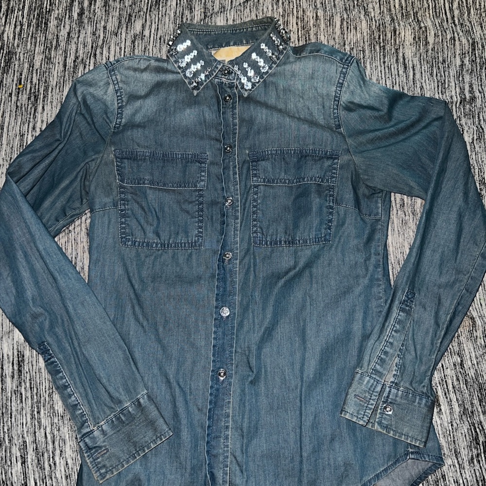 MICHAEL Michael Kors Denim Shirt with Embellished Collar